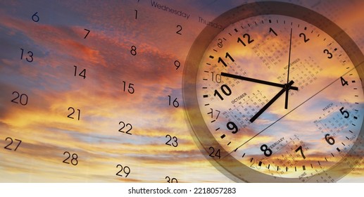 Clock And Calendar In Bright Sky. Time Passing