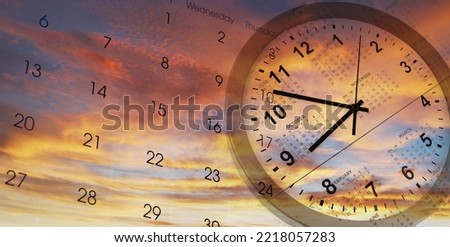 Clock and calendar in bright sky. Time passing