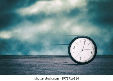 Clock In A Car Wheel, Rolls Along The Road. Time Concept. Business. Lifestyle. Background.