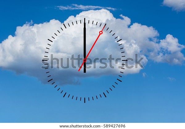 Clock,\
dial with a minute hand and a red second hand indicates 12 o\'clock.\
Copy space in front of sky and cloud\
background.