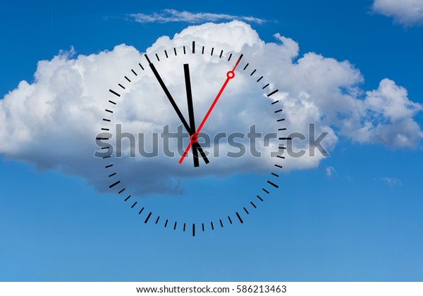 Clock, digits with a minute hand and a red\
second hand indicates the time 5 before 12. Copy space in front of\
sky and cloud\
background.
