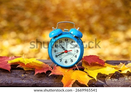 Clock with fallen leaves are on the bench
