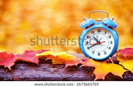 Clock with fallen leaves are on the bench
