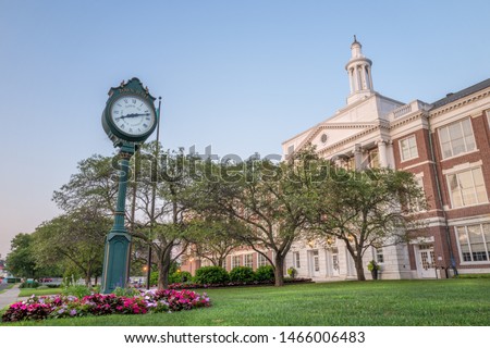 The Clock of the Greenwich City Hall, Connecticut  during a summer evening.