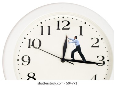 clock hands being pushed back by a business man