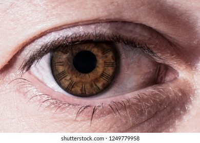 A clock inside an human eye, concept for the passing time