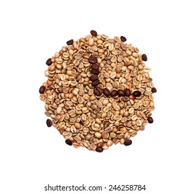 Clock, made from grean coffee beans with arrows, made from roasted coffee beans, showing quater past one, isolated on white