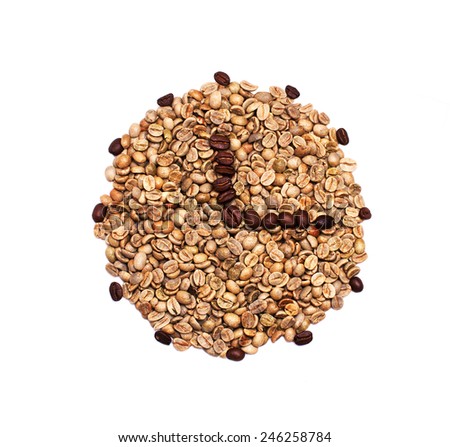 Clock, made from grean coffee beans with arrows, made from roasted coffee beans, showing quater past one, isolated on white