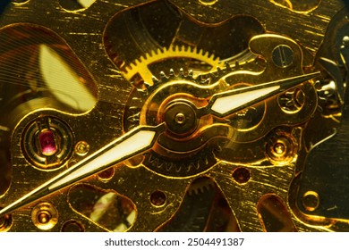 Clock mechanism, macro winding,Close-up of the internal mechanism of a vintage analog self-winding watch, focusing on the hands. Some internal reflections from dust speckles can be