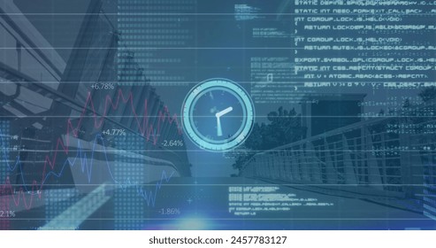 Clock neon digital clock ticking and data processing against city bridge. Computer interface and technology concept - Powered by Shutterstock