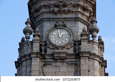 Clock On The Clérigos Church, Baroque Church In The City Of Porto And Its Tall Bell Tower, The Torre Dos Clérigos