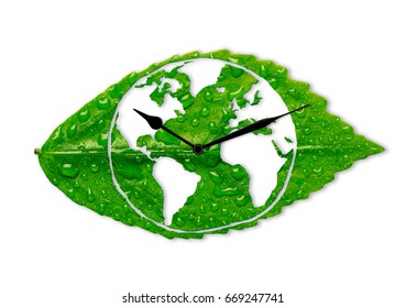 Clock On Green Leaf With Earth And Water Drops, Time For Earth Concept