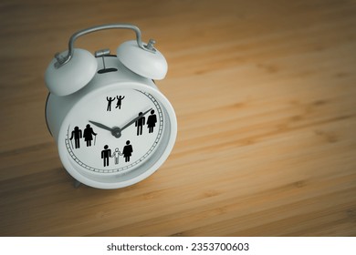 Clock on table with circle of life kid adult family and old icons. Lifetime and people growth concept