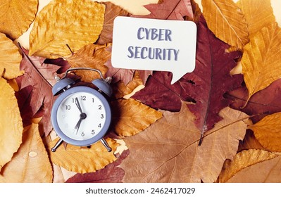 A clock is on top of a pile of leaves with the words cyber security written below it. Concept of the importance of cyber security and the need to be vigilant in protecting our digital information