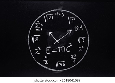 Clock painted with chalk on the blackboard with mathematical operations such as hour numbers and formulas - Powered by Shutterstock - Get 15% off with code: PIKWIZARD15