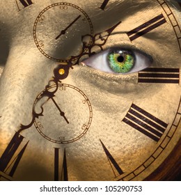 Clock Painted On Male Face To Portray Aging Or Bio Clock Concept