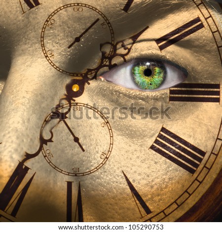 Clock painted on male face to portray aging or bio clock concept
