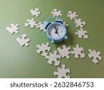 Clock and Puzzle Pieces Representing Time Management, Problem Solving, Strategy, and Deadline Pressure – Conceptual Minimal Flat Lay on White Background. 
