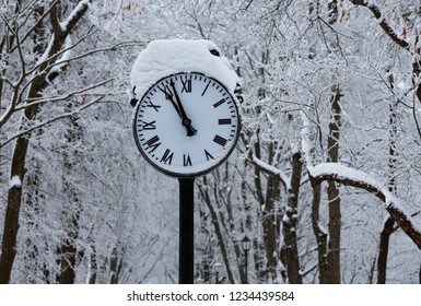 Clock with snow and trees