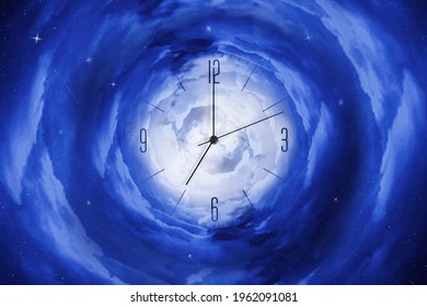 Clock In The Starry Cosmic Sky. Leaving Time. Time And Space. Time Concept. Abstraction.