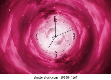 Clock In The Starry Cosmic Sky. Leaving Time. Time And Space. Time Concept. Abstraction.