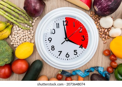 Clock, surrounded by healthy food, with a portion marked in red. Concept of intermittent fasting, a diet that provides benefits such as the regenerative mechanism of autophagy.