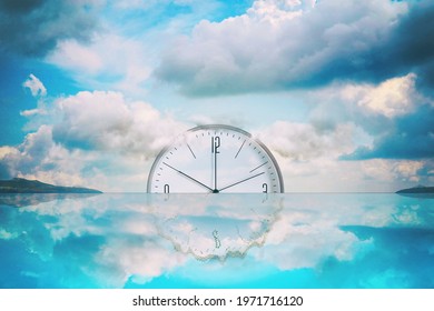 Clock That Goes Into The Water. Cloudy Sky. Reflection. Time Limit Concept. Business. Lifestyle. Background.