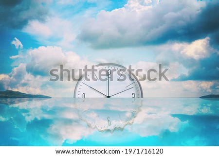 Clock that goes into the water. Cloudy sky. Reflection. Time limit concept. Business. Lifestyle. Background.