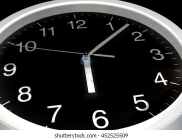 Clock or time abstract background, black clock and white needles, six o'clock, seven minutes