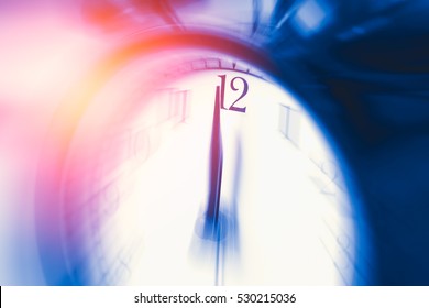 Clock Time With Zoom Motion Blur Focus At 12 O'clock, Fast Speed Business Hour Concept.