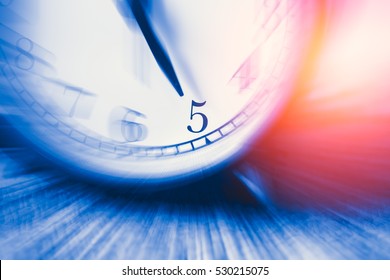 Clock Time With Zoom Motion Blur Focus At 5 O'clock, Fast Speed Business Hour Concept.