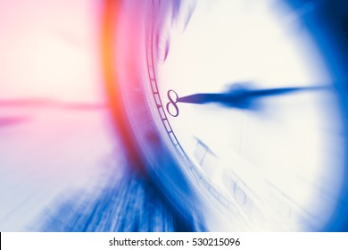 Clock Time With Zoom Motion Blur Focus At 8 O'clock, Fast Speed Business Hour Concept.