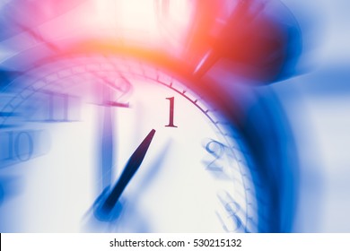 Clock Time With Zoom Motion Blur Focus At 1 O'clock, Fast Speed Business Hour Concept.