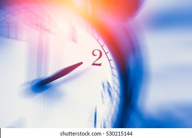 Clock Time With Zoom Motion Blur Focus At 2 O'clock, Fast Speed Business Hour Concept.