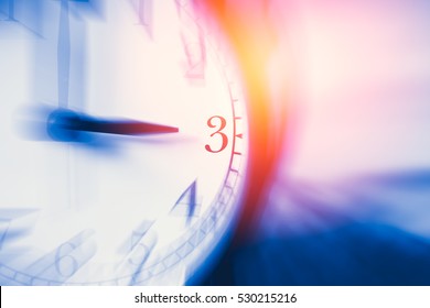 Clock Time With Zoom Motion Blur Focus At 3 O'clock, Fast Speed Business Hour Concept.