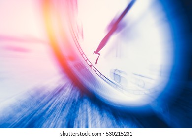 Clock Time With Zoom Motion Blur Focus At 7 O'clock, Fast Speed Business Hour Concept.