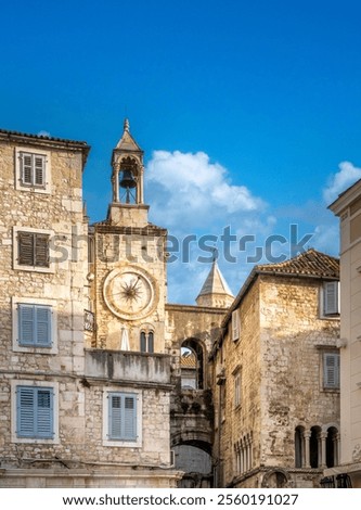 The clock tower dominating the skyline of Pjaca Square (Narodni trg), old town of Split, Croatia