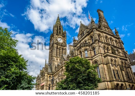 Clock tower of Manchester Town Hall, England.