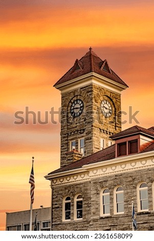 The clock tower of the Polk county courthouse in Dallas, Oregon