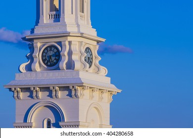 The clock tower in Portsmouth, New Hampshire just after sunset.  