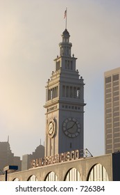 The Clock Tower Of San Francisco's Ferry Building Greets Morning Commuters With The Time.