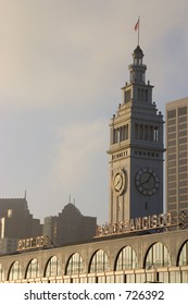 The Clock Tower Of San Francisco's Ferry Building Greets Morning Commuters With The Time.