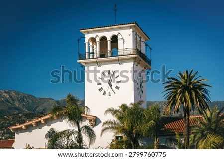 The clock tower at the Santa Barbara County Courthouse, in Santa Barbara, California.