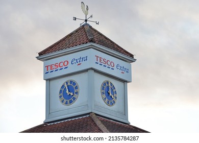 A clock tower is seen at a Tesco Extra store on 28, 2015 in Trowbridge, UK. Tesco is Britain's largest supermarket chain in terms of number of stores and revenue.
