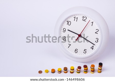 Clock and wooden column grapth on white  background.