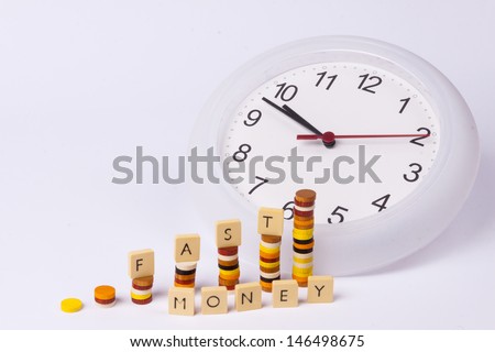 Clock and wooden column grapth on white  background.