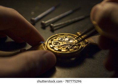 Clockmaker Is Repairing Wrist Watch. Close Up