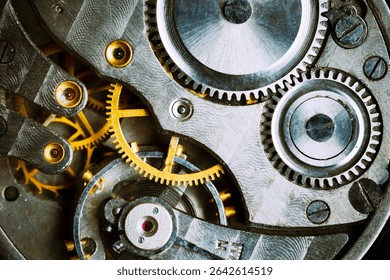 Clockwork Background. Close-up Of Old Clock Watch Mechanism With Gears