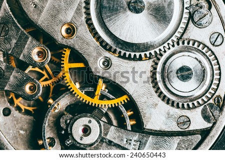 Clockwork Background. Close-Up Of Old Clock Watch Mechanism With Gears