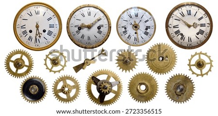 Clockwork gears and watch dials isolated on a white background. Mechanical details of a timekeeping mechanism, precision engineering, horology components, vintage and technical concept.
